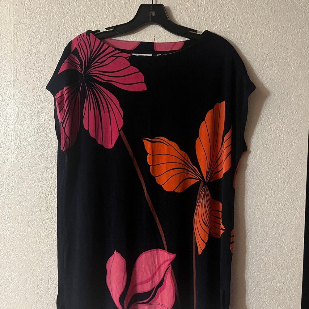 Chico's Black Top with Pink and Orange Floral Design